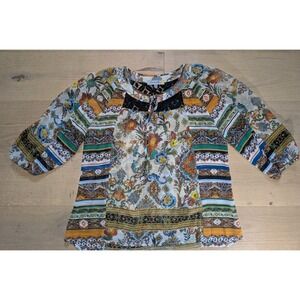 Figueroa &‎ Flower Bohemian Tunic Blouse Floral Print Lace Trimmed Top Medium